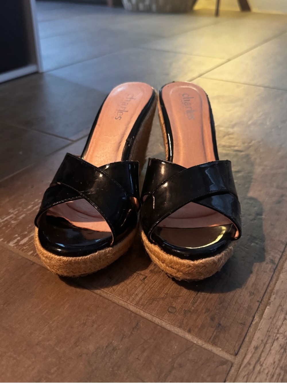 Charles By Charles David Black Patent Espadrille Wedge Mules